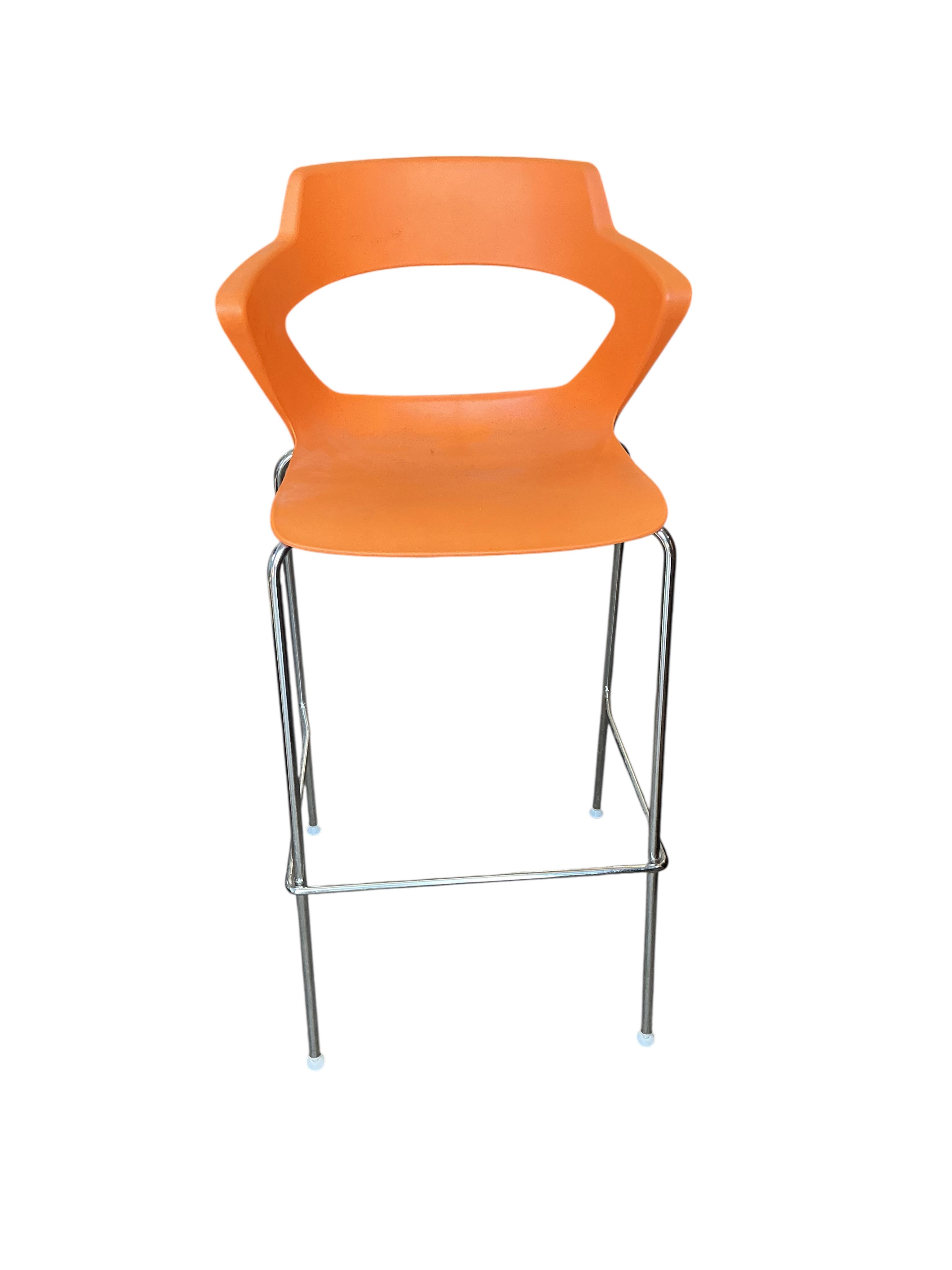 Paolo Lucidi and Luce Pevere for Elite, a set of six orange stackable bar stools, width 54cm, depth 46cm, height 109cm
